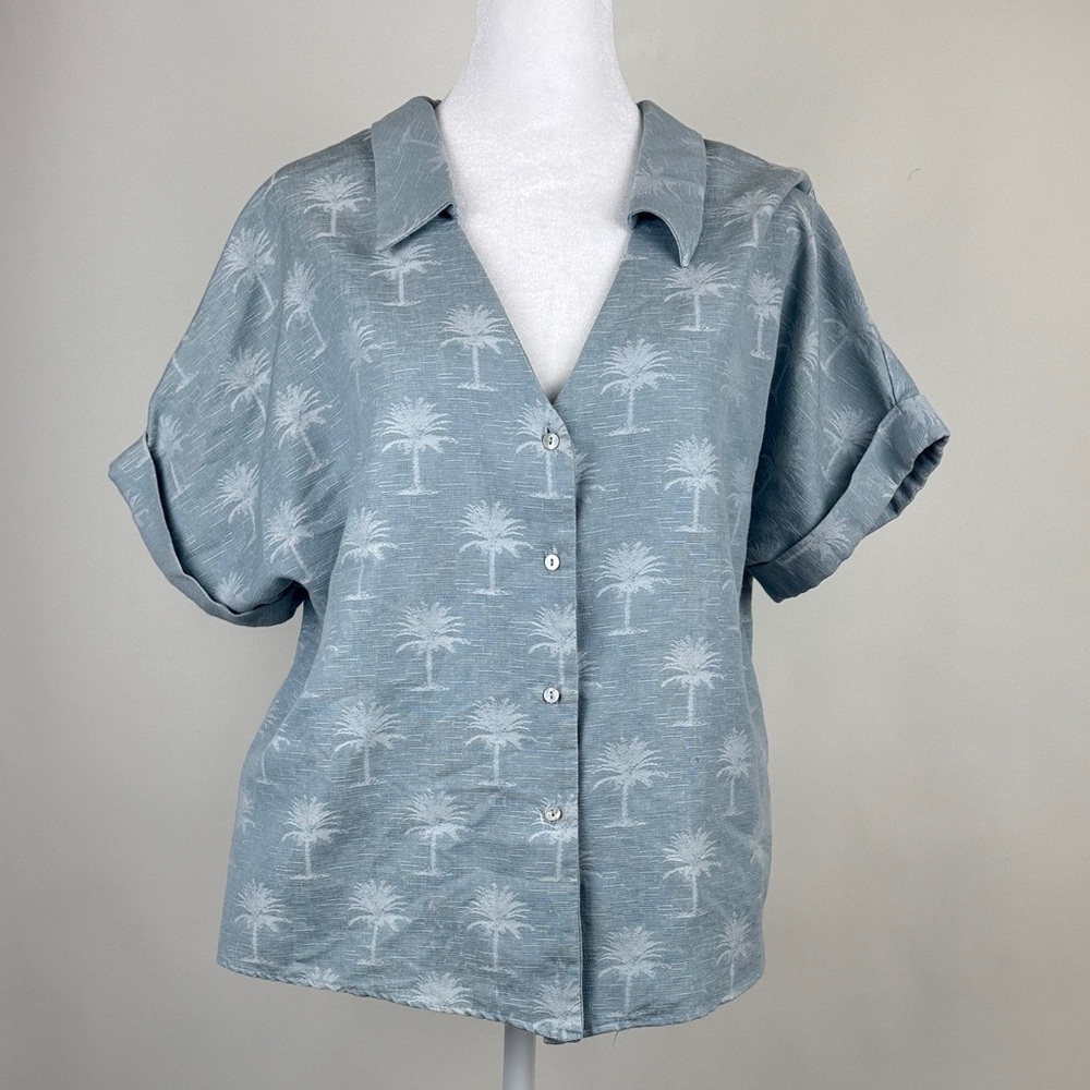 Zara Blue Palm Tree Print Button Down Short Sleeve Collared Blouse Shirt Top M